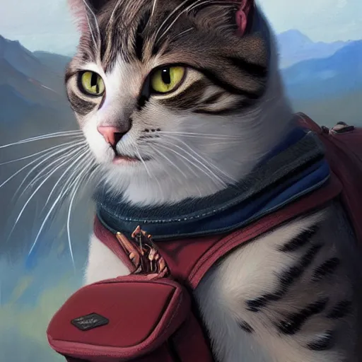 Prompt: Portrait of a cat with a backpack in the mountains, by Anna Dittmann and Ilya Kuvshinov, Nikolay Makovsky, fantasy, high detail, elegant, digital painting, WLOP, natural light, vibrant, intricate, textured skin, highly detailed, artstation, sharp, focus, illustration, Nikolay Makovsky