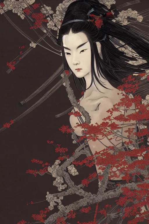 Prompt: beautiful Ukiyo-e and black magic and japanese and geisha female ninja portrait+shiny eyes+light flowing hair, in cyberpunk ruin tokyo temple, ultradetail face, art and illustration by tian zi and craig mullins and WLOP and alphonse mucha, fantasy, intricate complexity, human structure, fantasy world concept, watermark, blurry, hyperrealism 8k