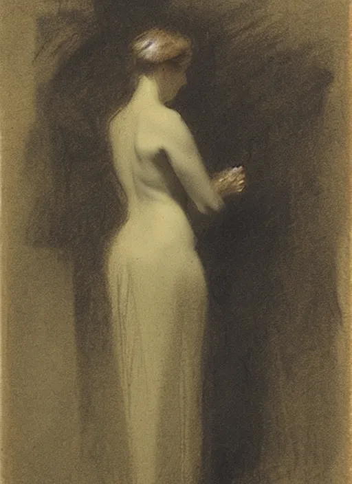 Image similar to study of a standing woman by george howard hilder. 1 9 0 5. charcoal on paper.