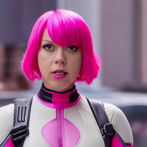 Image similar to A still of Gwenpool in Deadpool 3 (2023), blonde hair with pink highlights, no mask, light-pink costume