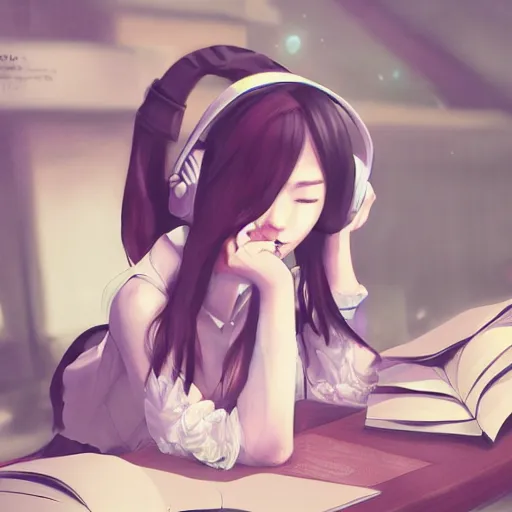 Prompt: lofi hiphop girl studying while listening to music by Wenqing Yan, WLOP, Zumidraws, OlchaS Logan cure liang Xing