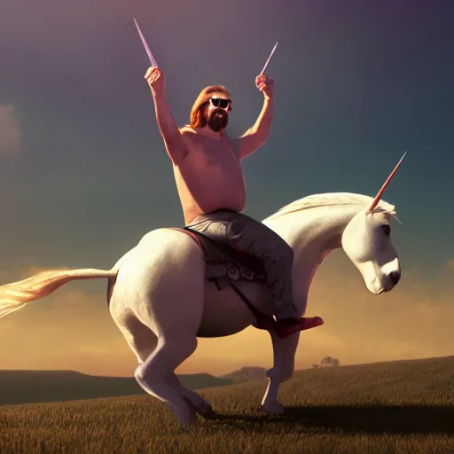 Image similar to big lebowski riding a unicorn, cinematic lighting, award winning photography