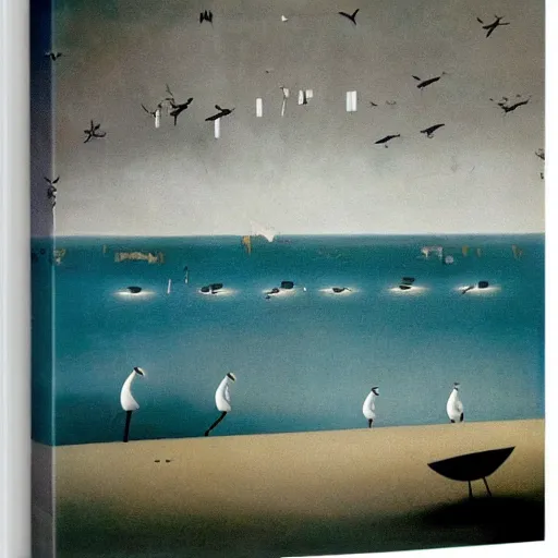 Prompt: seagulls on the beach by yves tanguy