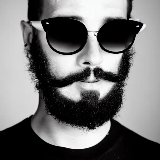 Prompt: fit bearded yoga punk singer wearing designer wraparound sunglasses. was previously a commercial model and actor. on a smoky stage in wheaton, illinois. vaporwave.