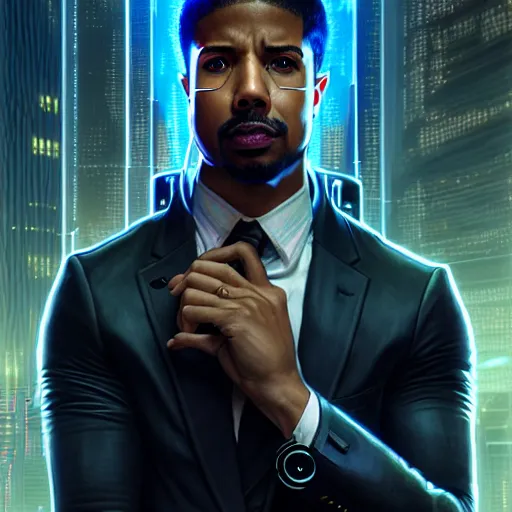 Prompt: portrait painting of a cyberpunk corporate boss elven michael b. jordan, ultra realistic, concept art, intricate details, eerie, highly detailed, photorealistic, octane render, 8 k, unreal engine. art by artgerm and greg rutkowski and charlie bowater and magali villeneuve and alphonse mucha