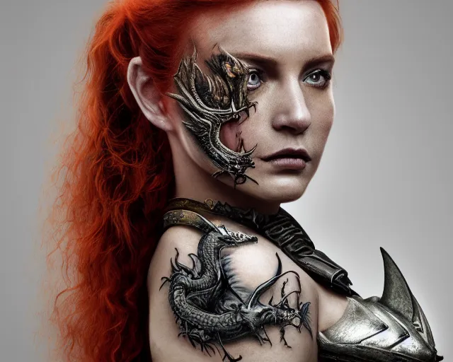 Image similar to 5 5 mm portrait of an armored gorgeous anesthetic redhead woman with a face tattoo and horns growing from her head, and small dragon sitting on her shoulder in a magical forest in the style of stefan kostic, art by luis royo. highly detailed 8 k. intricate. lifelike. soft light. nikon d 8 5 0. cinematic post - processing