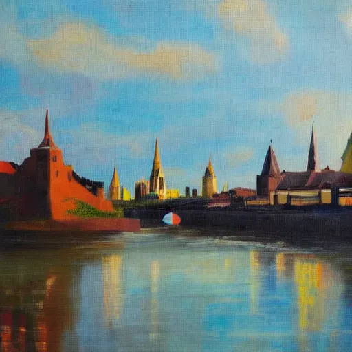 Prompt: very abstract painting of the rhine in basel, very rough brush strokes and splatters, oil on canvas, muted colors, great composition, by christ