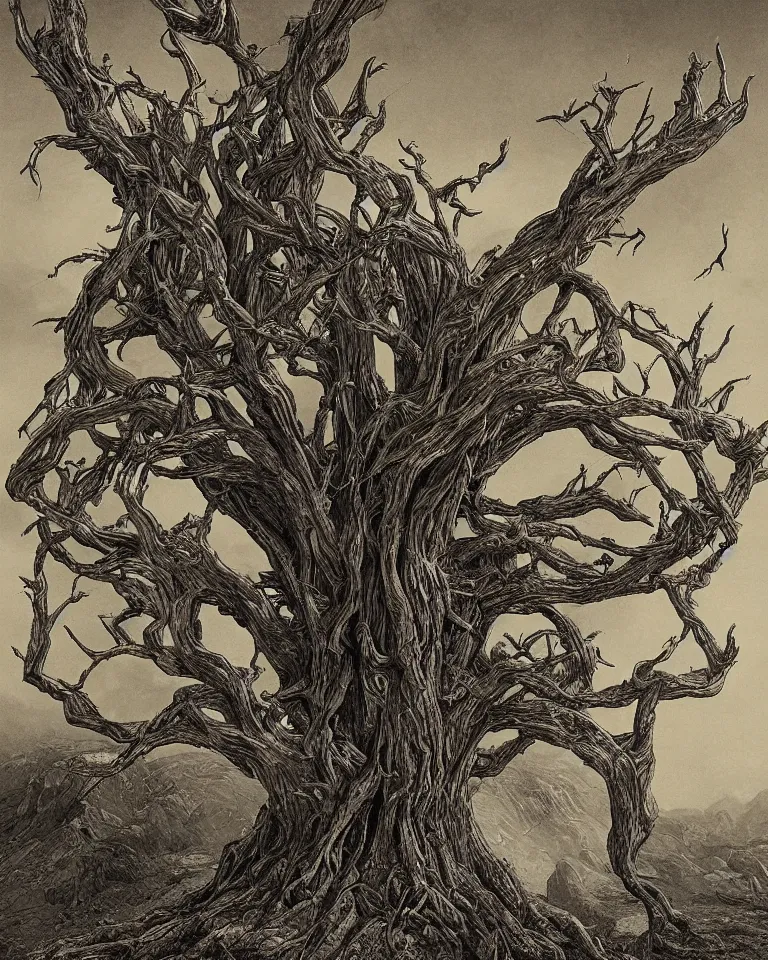 Prompt: Book cover artwork of the mythical tree of life, which is made of agonizing human beings and various limbs, and which has grown in the middle of a desert and is seen from a distance. Artwork influenced by Gustave Doré and other fantasy artists.