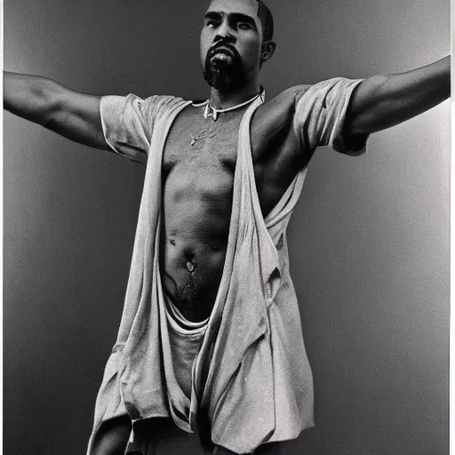 Image similar to surrealist epic photoreal portrait of kayne west as god by dali, arms outstretched, 4 k