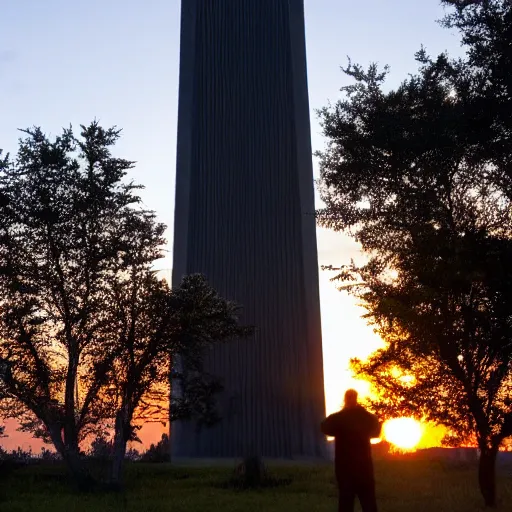 Prompt: setting sun in front of an immense, ebony tower