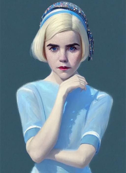 Image similar to portrait of kiernan shipka with freckles, white hair, 1 9 6 0 s bob hairstyle with bangs and hairband, blue 1 9 6 0 s dress, intricate, elegant, glowing lights, highly detailed, digital painting, artstation, concept art, smooth, sharp focus, illustration, art by wlop, mars ravelo and greg rutkowski