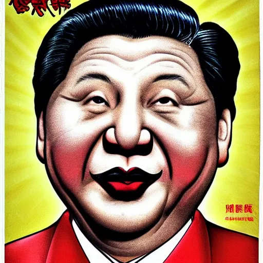 Image similar to xi jinping as communist clown, soviet propaganda style, vivid colors, detailed lines, dominating red color, detailed portrait