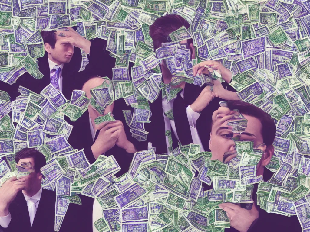 Image similar to vaporwave glitchy corrupt jpeg of corrupt businessmen bathing in money