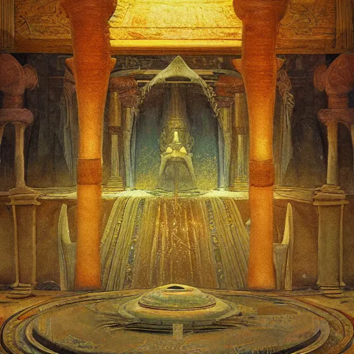 Image similar to a painting of a throne room , a raytraced image by Mikalojus Konstantinas Čiurlionis, polycount, metaphysical painting, hall of mirrors, egyptian art, concept art