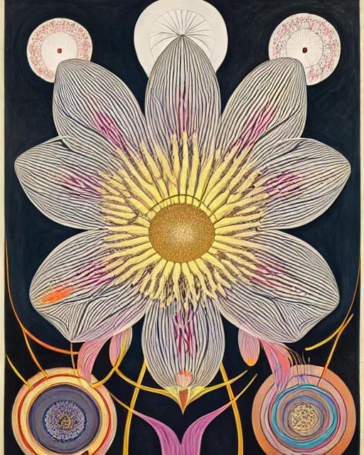 Prompt: blossoming lotus, rhythm, imperil, by hilma af klint, moebius, victo ngai, laurie greasly