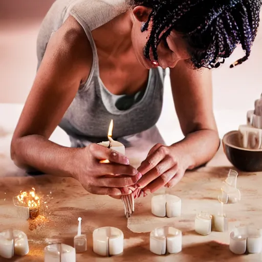 Image similar to portrait of yogawoman making homemade candles, photoshot, hyper detailed, 8k,