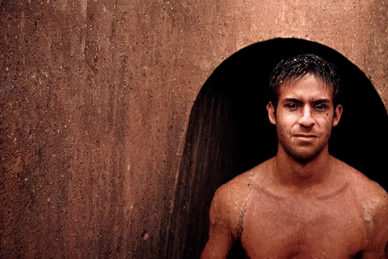 Image similar to a closeup cinematic!! headshot photograph!! of a male wearing a ripped shirt, stood in a tunnel, rain, dirt, film still, cinematic lighting, by bill henson