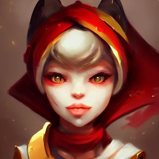 Prompt: Yordle Girl, cleric, red scarf, hatched pointed ears, Gold earring, headshot, concept art, illustration, beautiful, artgerm, trending on artstation, by Anato Finnstark and Randy Vargas