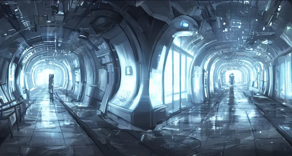 Image similar to Sci-fi wallpaper of a futuristic hospital long corridor, close-up view, point-and-click adventure game, cinematic, concept art