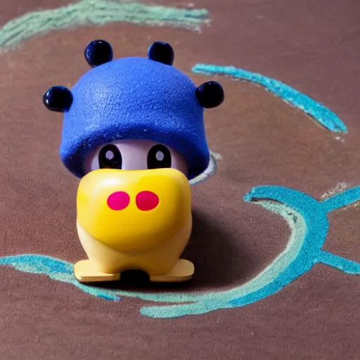 Image similar to wooden toy, tamagotchi, hat, big eyes