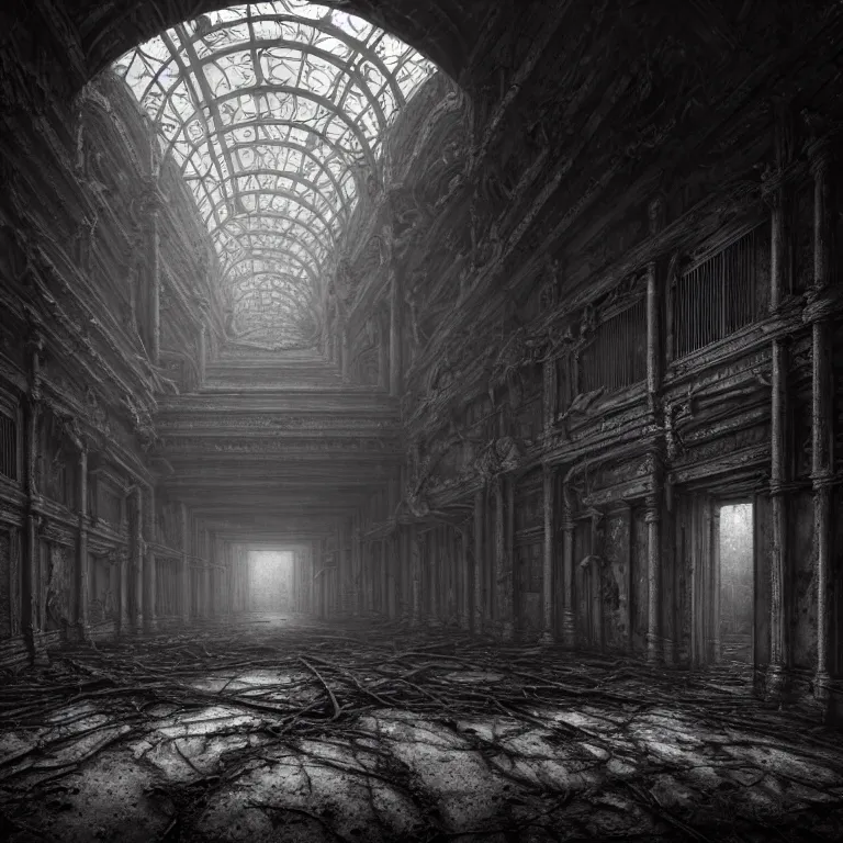 Image similar to portrait of ribbed abandoned biomechanical interior halls in a desolate empty wasteland, creepy, nightmare, dream-like heavy atmosphere, surreal abandoned buildings, baroque painting, beautiful detailed intricate insanely detailed octane render trending on Artstation, 8K artistic photography, photorealistic, chiaroscuro, cinematic volumetric light, Raphael, Caravaggio, Beksinski, Giger