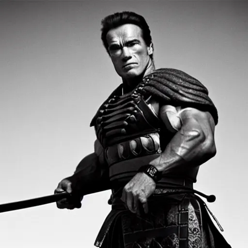 Prompt: Arnold Schwarzenegger as samurai , an film still