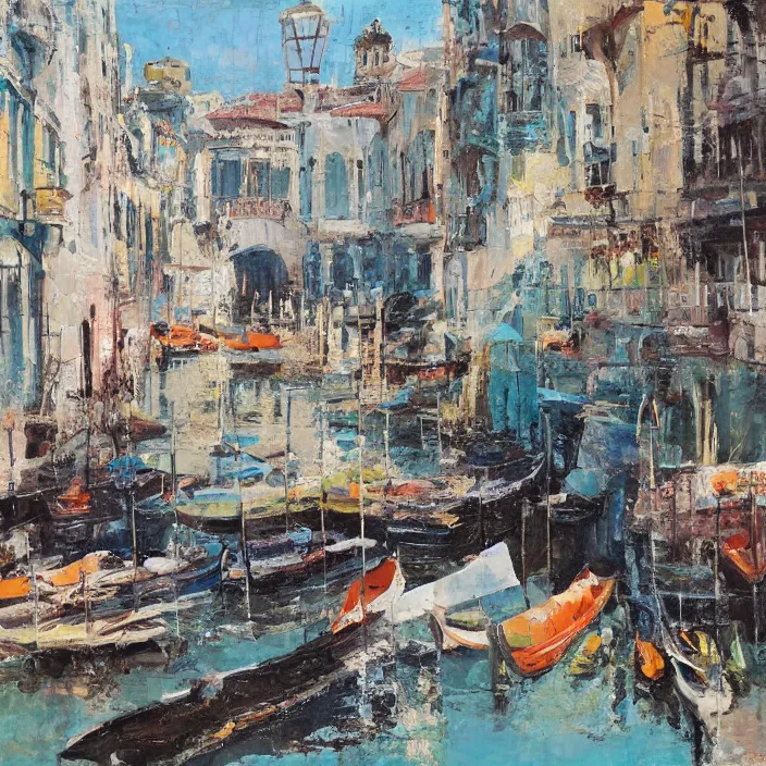 Image similar to venetian gondolas in the style of dali, pastel colors, chiaroscuro, bleached colors, cold shades, perfect beautiful, palette knife, surreal