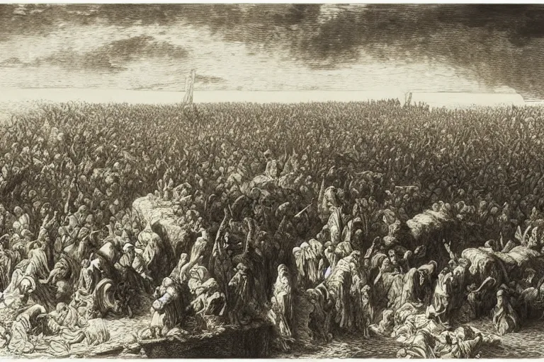 Image similar to aerial view, the biblical crossing of the red sea, Gustave Dore lithography