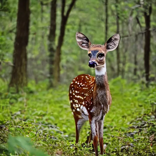 Image similar to a beautiful spotted deer with rocket launchers in the woods, canon eos c 3 0 0, ƒ 1. 8, 3 5 mm, 8 k, medium - format print