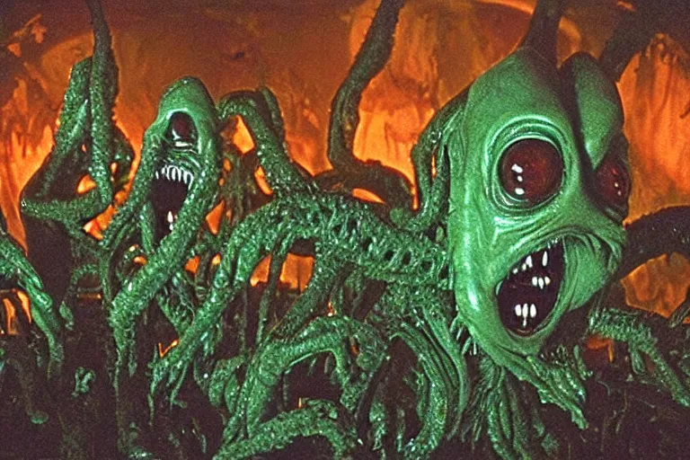 Image similar to scary filmic wide shot angle movie still 35mm film color photograph of a shape shifting horrific nightmarish abstract alien organism from The Thing 1982 with grotesque distorted multiple human faces spewing toxic liquid from an alien plant made out of flesh, in the style of a horror film