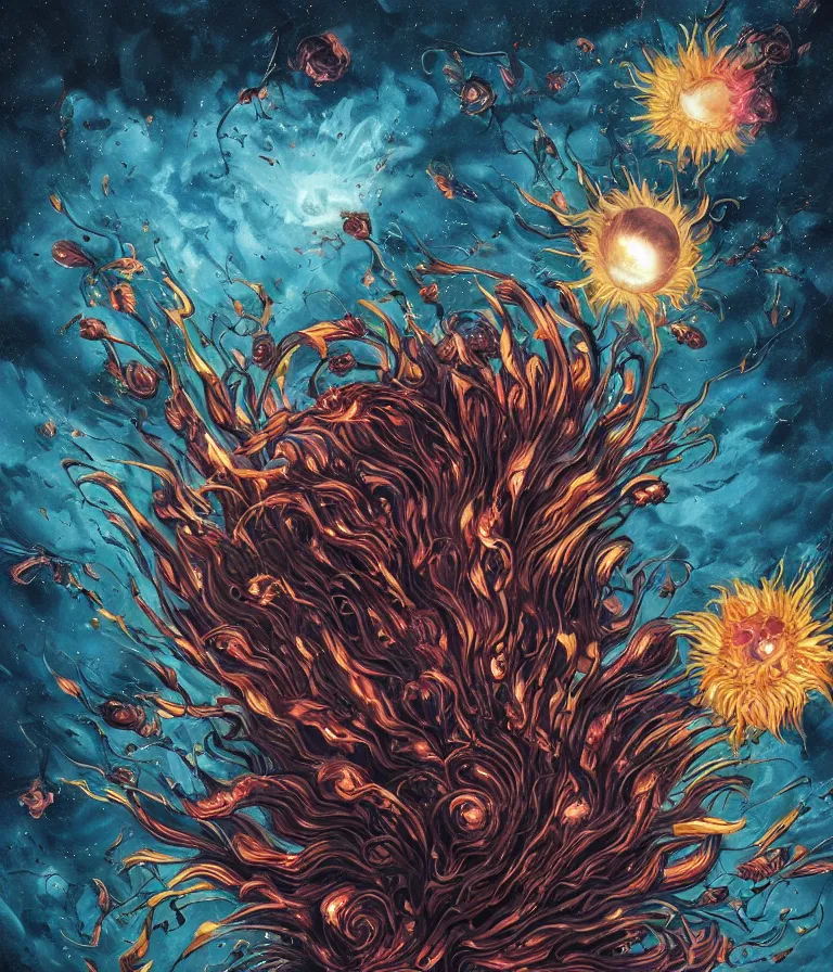 Image similar to impressive ominous cinematic fantastic realism comic book style painting of a spiraling exploding sun launching flowers across the dark cosmos, strange bouquets, lighting impressive masterpiece hyper ultra detailed intricate sharp focus 8 k realistic illustration canon eos r 3 fujifilm x - t 3 0 sony alpha, artgerm colorful!!!, trending on artstation behance cgsociety, octane render nvidia raytracing demo