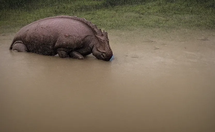 Image similar to nature photography of a rain soaked triceratops in flood waters, african savannah, rainfall, muddy embankment, fog, digital photograph, award winning, 5 0 mm, telephoto lens, national geographic, large eyes