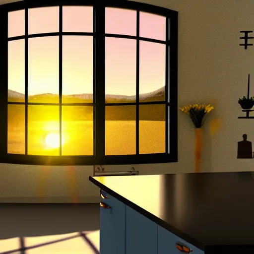 Image similar to kitchen, with cabinets in background, sunrise, large round window, digital art, cartoon