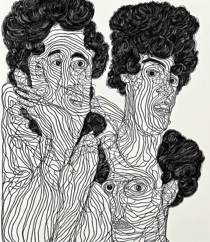 Prompt: detailed line art portrait of allens ginsberg, inspired by egon schiele. caricatural, minimalist, bold contour lines, musicality, soft twirls curls and curves, confident personality, raw emotion