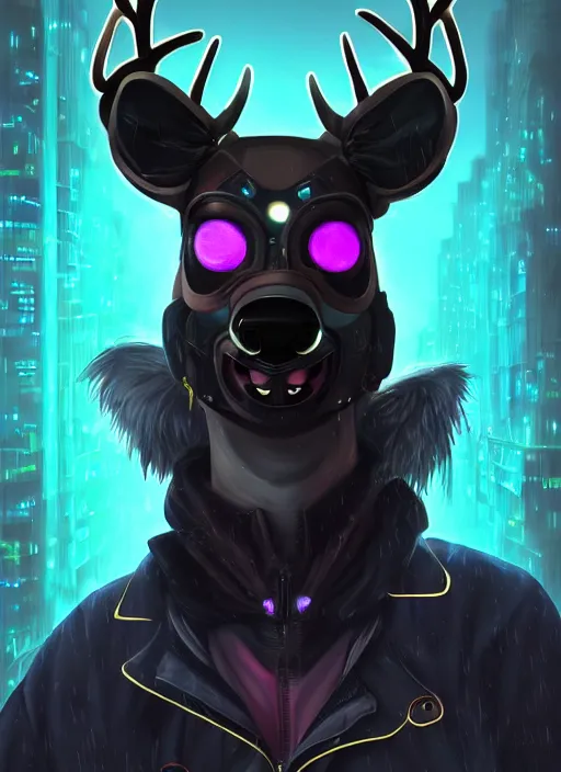 Image similar to award winning beautiful portrait commission of a male furry anthro Black Reindeer cyberpunk fursona with a tail, wings, wings, wings and a cute beautiful attractive detailed furry face wearing stylish black and rainbow galaxy clothes, outline, in a cyberpunk city at night while it rains. Character design by charlie bowater, ross tran, artgerm, and makoto shinkai, detailed, inked, western comic book art