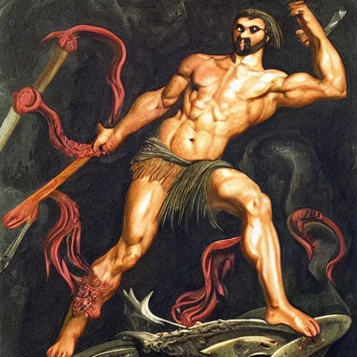 Image similar to The conceptual art depicts the mythical hero Hercules in the moments after he has completed one of his twelve labors, the killing of the Hydra. Hercules is shown standing over the dead Hydra, his body covered in blood and his right hand still clutching the sword that slew the beast. His face is expressionless, betraying neither the exhaustion nor the triumph that must surely accompany such a feat. Moulin Rouge!, x-ray photography by Jakub Rozalski relaxed, weary