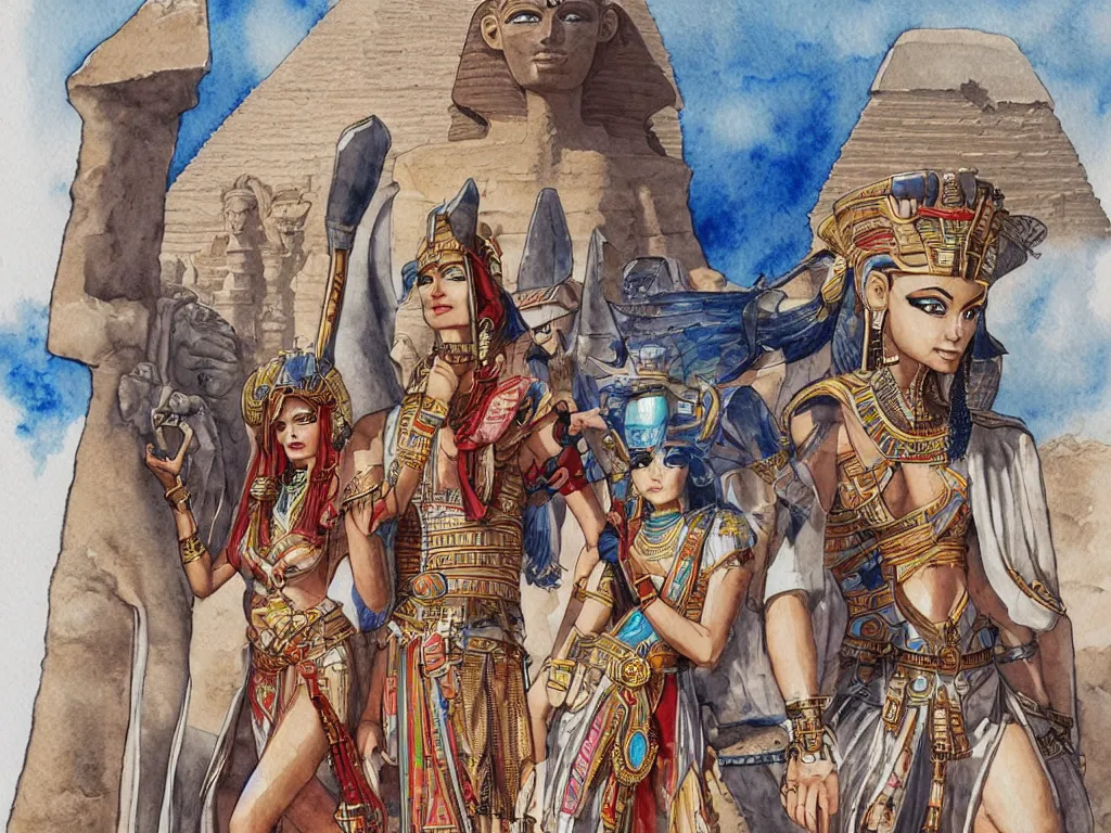 Prompt: the hero seeks guidance from the massive sphinx goddess who has a smug expression and egyptian styled clothing. trending on pixiv and artstation. an absurdly detailed watercolor painting - - cfg _ scale 2 0. 0