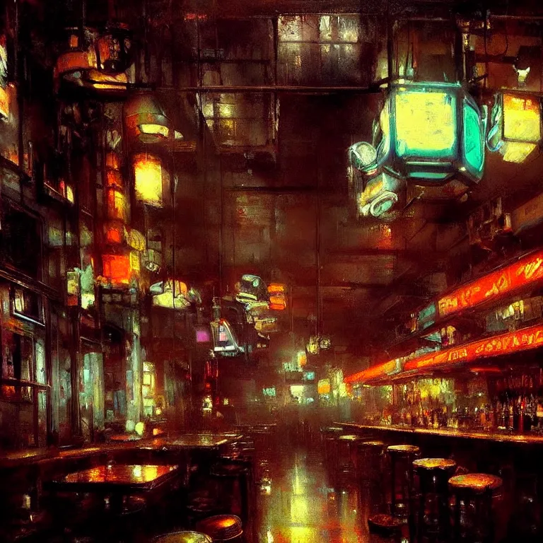 Prompt: neon bar interior by jeremy mann greg rutkowski beautiful detailed painting