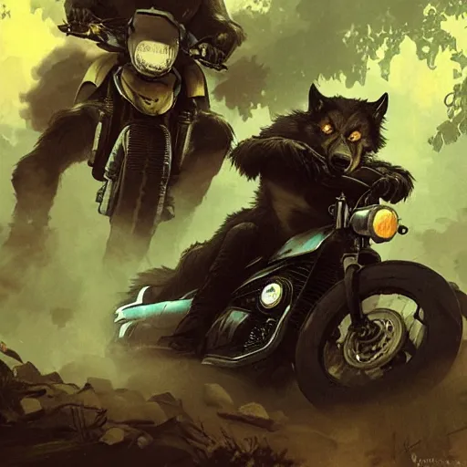 Image similar to werewolf riding motorcycle along a dark street in the woods, concept art, smooth, sharp focus, illustration, art by artgerm and greg rutkowski and alphonse mucha