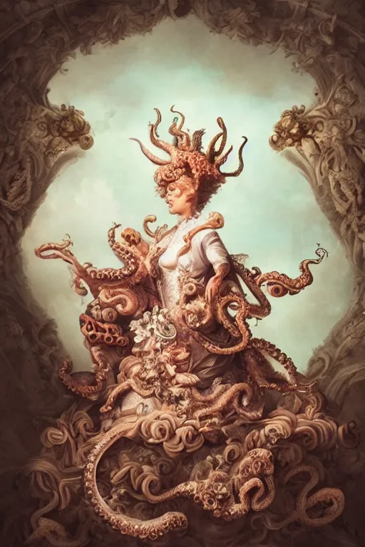 Image similar to a spectacular wideangle shot of a dreaming scary rococo queen with a octopus head, award winning photography