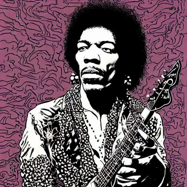 Image similar to a portrait of jimi hendrix with voodoo electronics by moebius