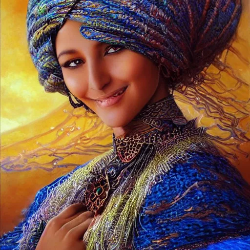 Image similar to a beautiful touareg algerian woman by karol bak, ayami kojima, artgerm, sakimichan, arabian beauty, blue eyes, smile, concept art, fantasy