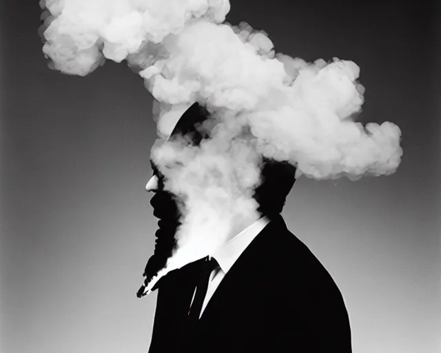 Image similar to a man who's head is turning into a puff of smoke, annie liebowitz, black and white