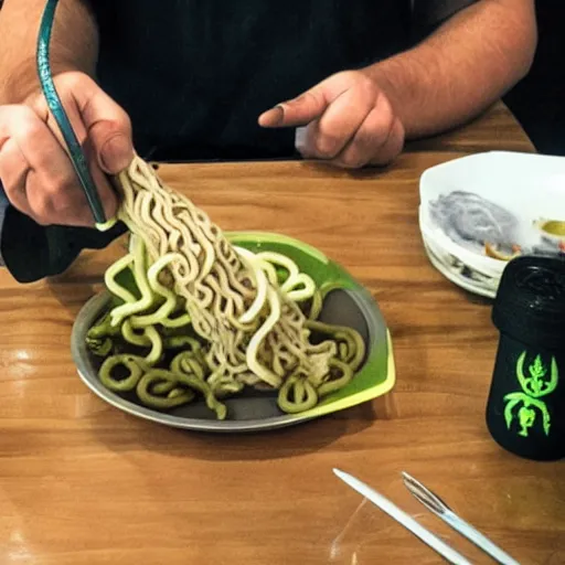 Prompt: Cthulhu monster using its tentacle sitting at table eating ramen