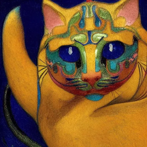 Image similar to cloisonne cat figurine, by annie swynnerton and diego rivera and nicholas roerich and jean delville, symbolist, dramatic lighting, god rays, art brut, rich colors, smooth, sharp focus, extremely detailed, adolf wolfli and ( donato giancola and bilibin )