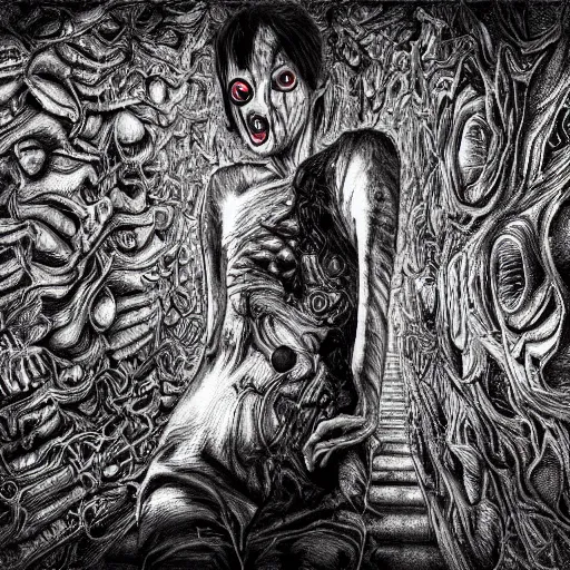 Prompt: scariest horror nightmare by junji ito digital art, deepdream cosmic, 3 d high definition, trending on artstation, photorealistic, high resolution, 8 k, octane, hyper detailed, trending on deviantart insane details, intricate, elite, ornate, elegant trend, highly detailed and intricate, sharp focus, photography, unreal engine