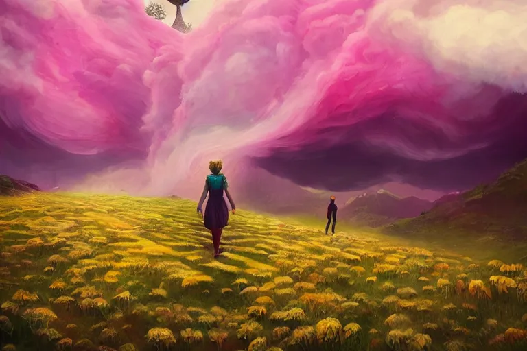 Image similar to giant dahlia flower as a head, girl walking on mountain, surreal photography, stars, dramatic light, impressionist painting, storm clouds, digital painting, artstation, simon stalenhag