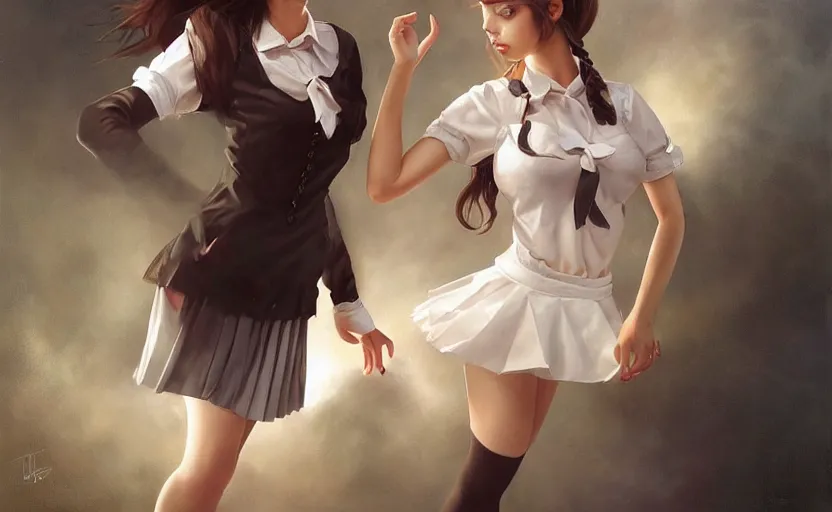 Image similar to a beautiful woman with school uniform dancing, seifuku, pleated miniskirt, overknee socks, adriana lima, painted by artgerm and tom bagshaw, fantasy art, dramatic lighting, highly detailed oil painting, volumetric lighting