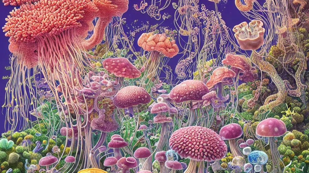 Image similar to highly detailed illustration of all the known species of plants, flowers, corals, mushrooms and jellyfish by juan gatti, by makoto shinkai, by moebius!, by oliver vernon