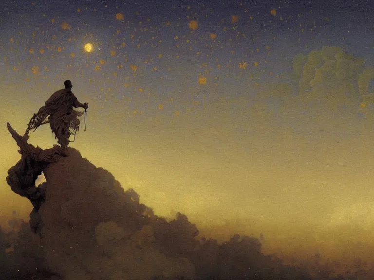 Prompt: a detailed profile oil painting of a men floating over a toiled in ther air, aurora lighting clouds and stars by beksinski carl spitzweg and tuomas korpi. baroque elements. baroque element. intricate artwork by moebius. Trending on artstation. 8k